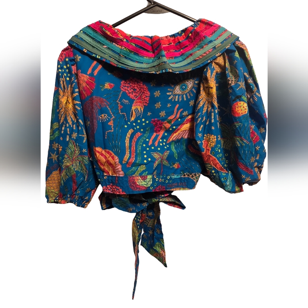 FARM Rio Tropical Tie-Front Puff Sleeve Crop Top - Picture 2 of 6